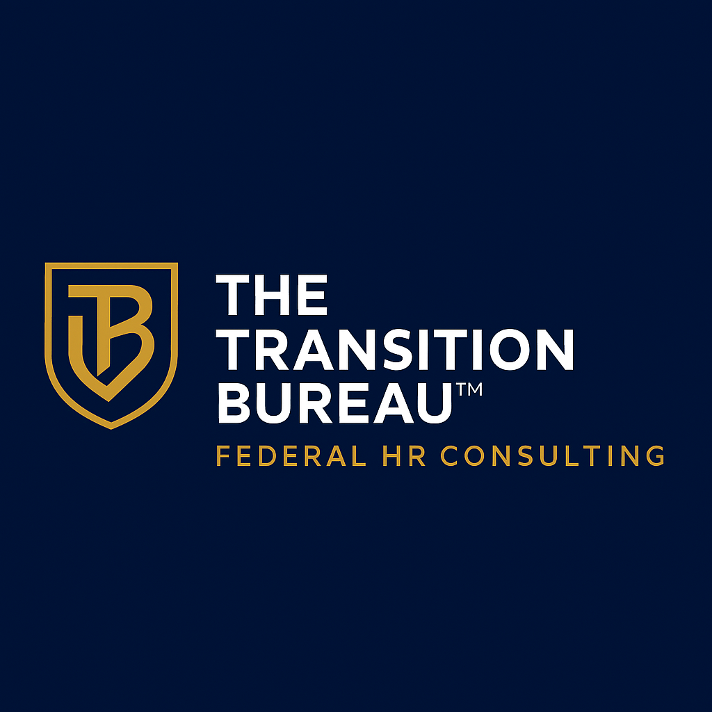 The Transition Bureau – Federal HR Consulting logo with shield emblem in navy and gold.